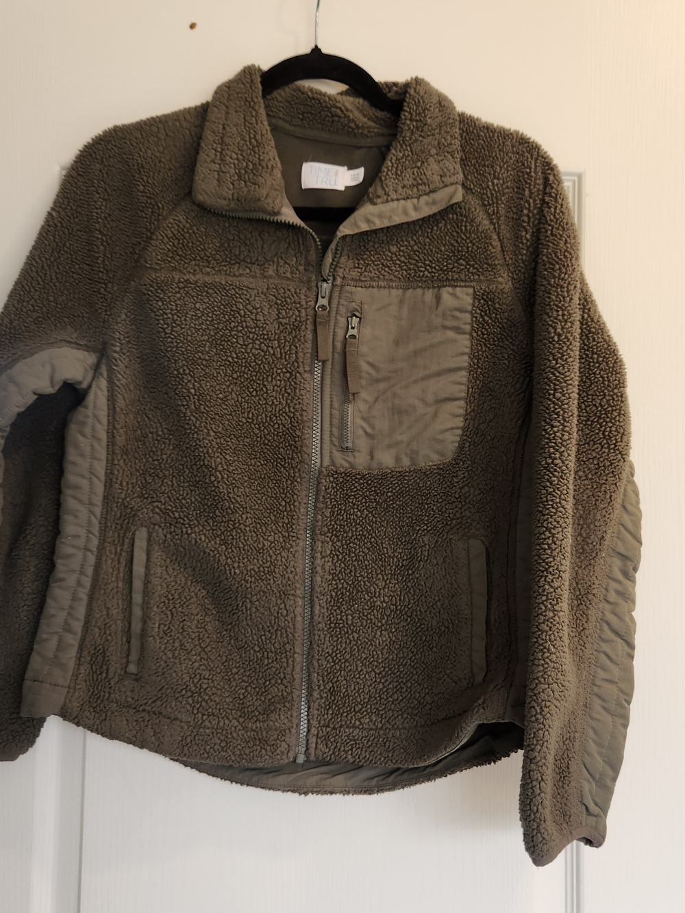 Time and Tru Olive Teddy Fleece Zip Jacket S Euc